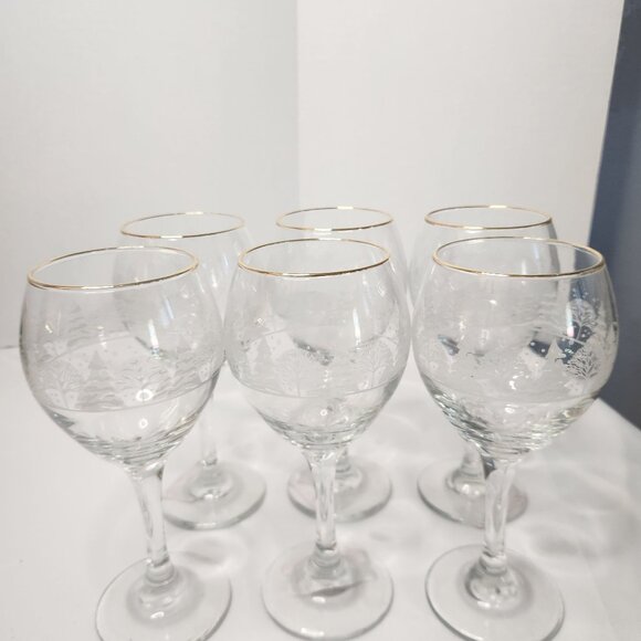 Set Of 6 Vintage Arby's Etched Glass Wine Goblets with Gold Rim & Winter Tree - Picture 1 of 6
